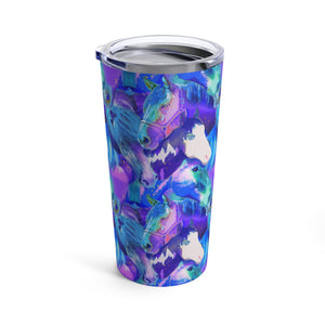 
                  
                    Load image into Gallery viewer, mockup of an insulated tumbler with a lid featuring a blue herd of horses
                  
                