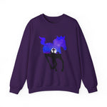 crew neck sweatshirt flat lay mockup in plum featuring running horse containing cross against full moon at night